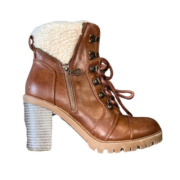 Women's Ankle Boots Brown Faux Leather Sherpa Tall Thick Heel Booties Size 7 - Picture 1 of 13